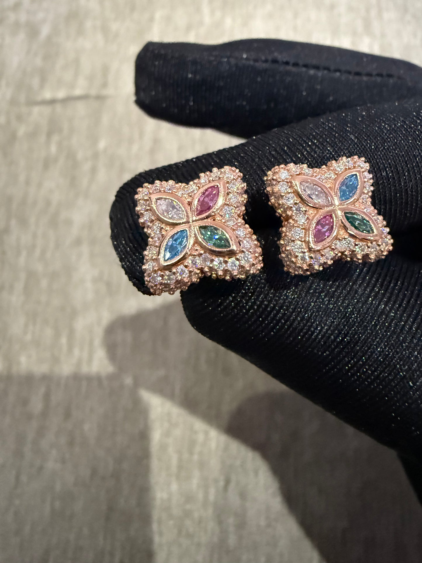 13MM clover style Moissanite earrings 925 silver vermeil rose gold studs multi color.