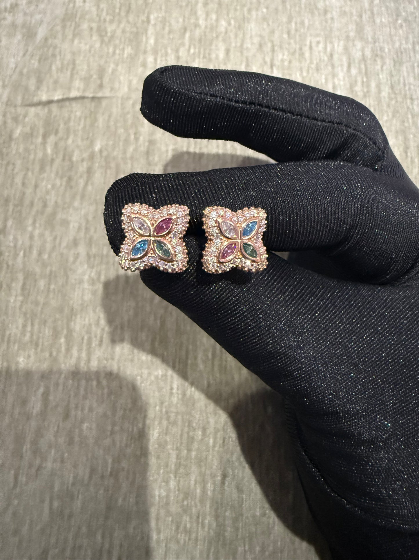 13MM clover style Moissanite earrings 925 silver vermeil rose gold studs multi color.