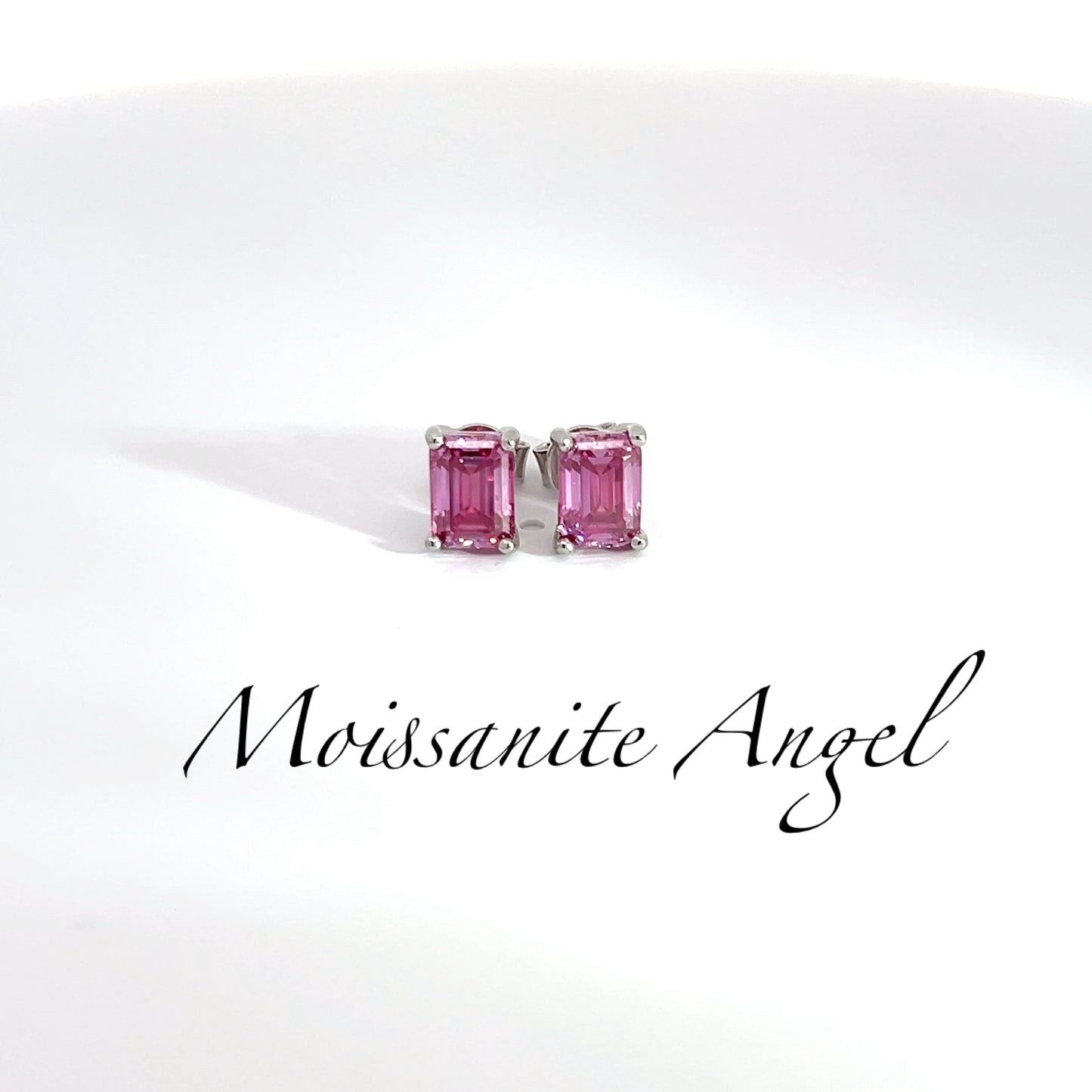 Pink moissanite stud earrings emerald cut 2CTW