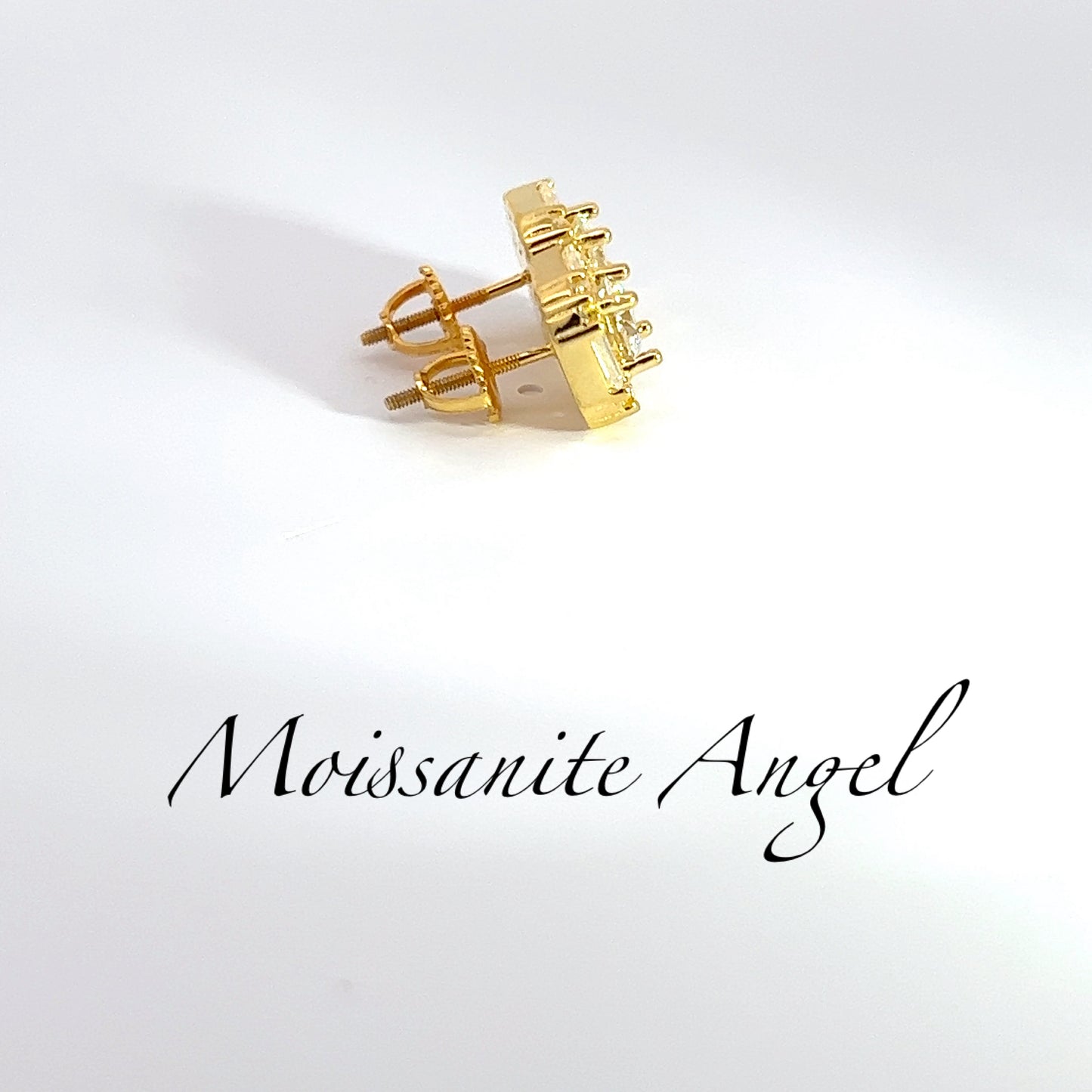 Moissanite earrings 3 Carats each ear Baguette & round stone style studs finished in yellow gold