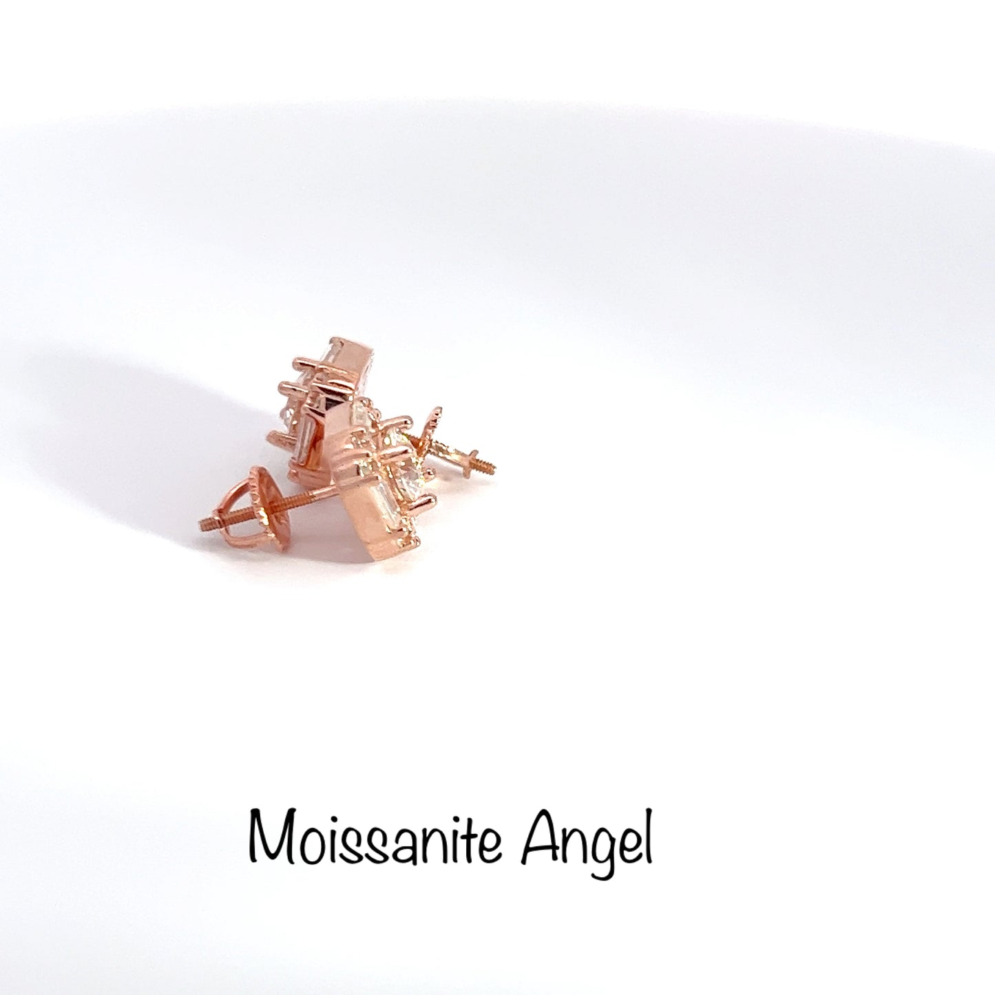 Moissanite earrings 3 Carats each ear Baguette & round stone style studs finished in rose gold