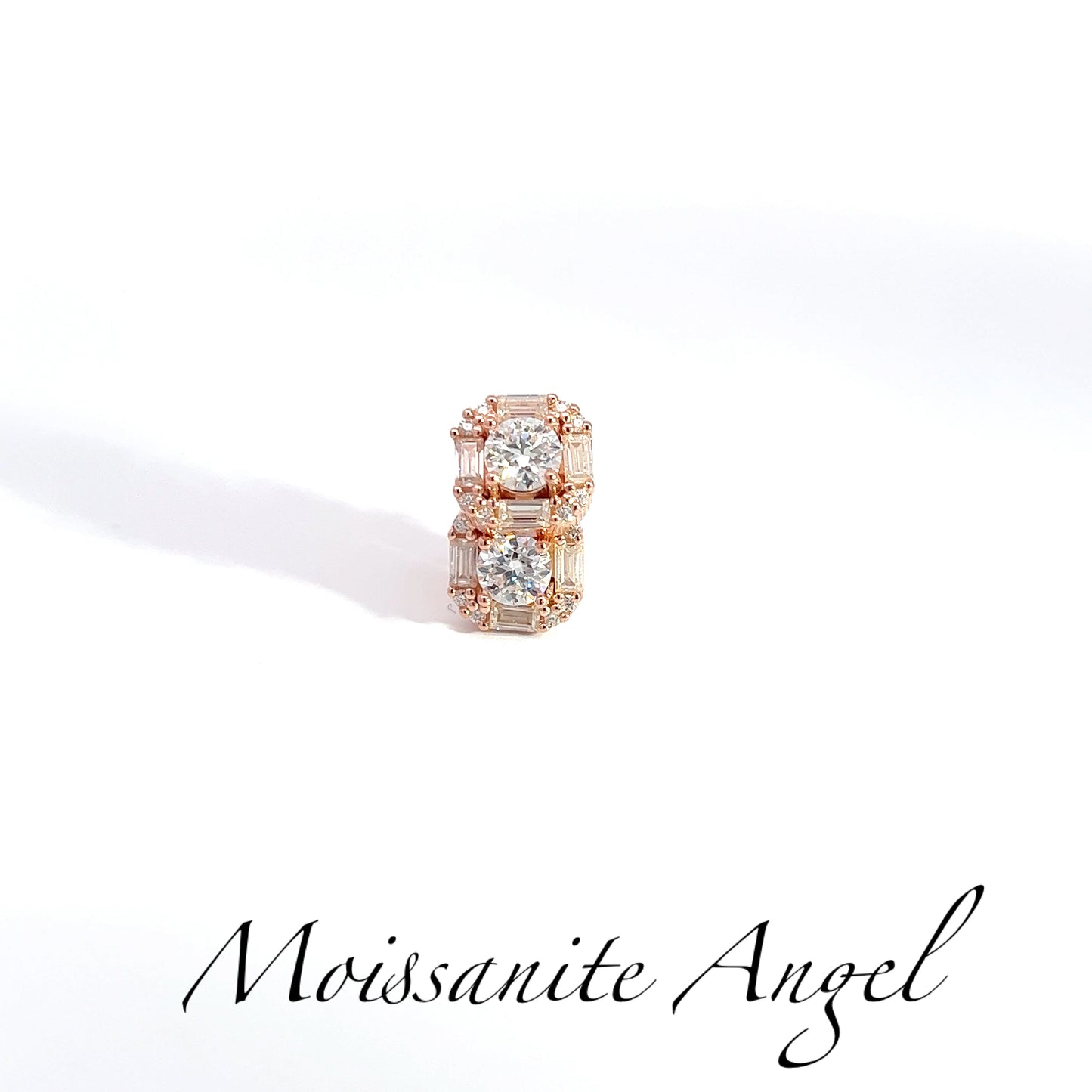 Moissanite earrings 3 Carats each ear Baguette & round stone style studs finished in rose gold