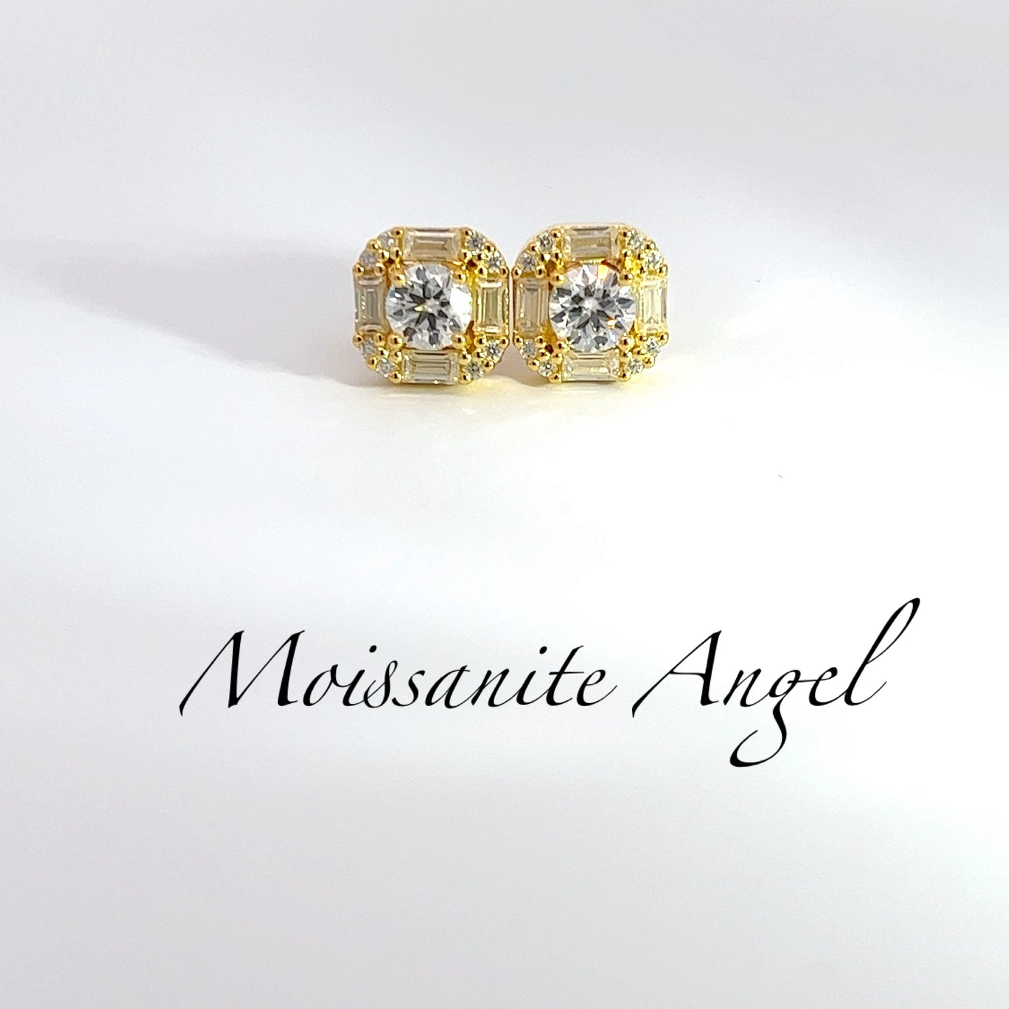 Moissanite earrings 3 Carats each ear Baguette & round stone style studs finished in yellow gold