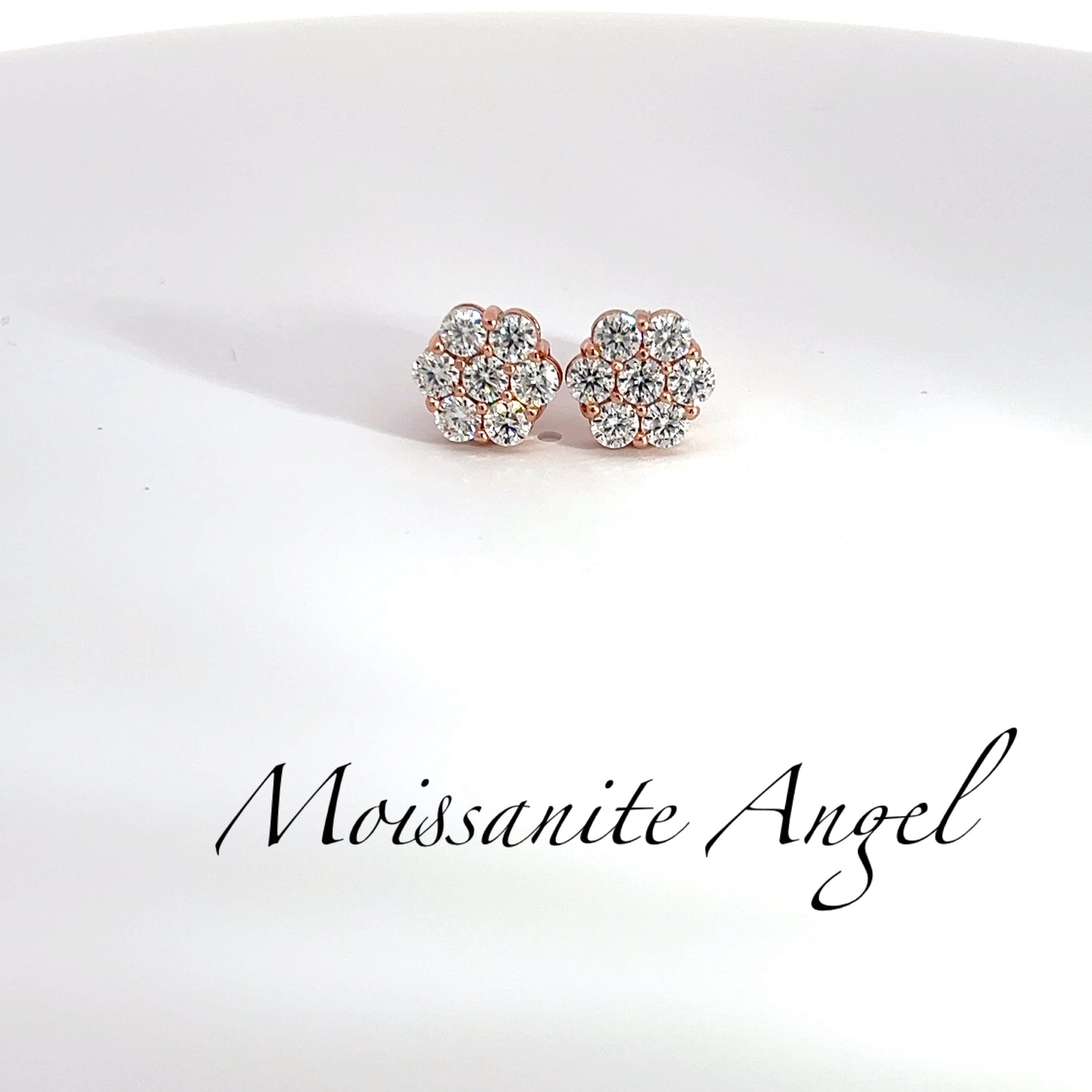 Moissanite Earrings Cluster set studs 2 carat each ear finished in rose gold