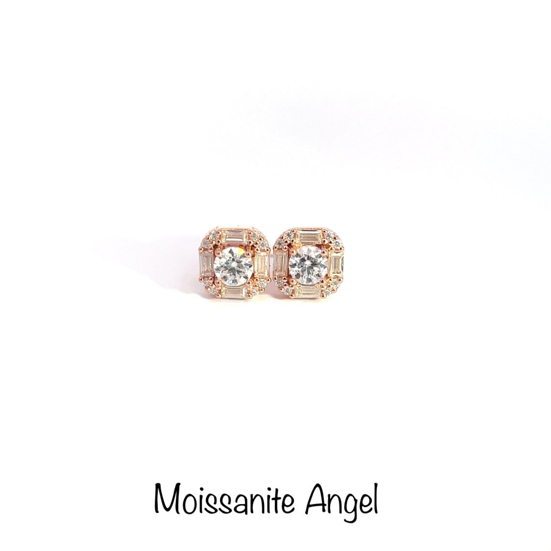 Moissanite earrings 3 Carats each ear Baguette & round stone style studs finished in rose gold