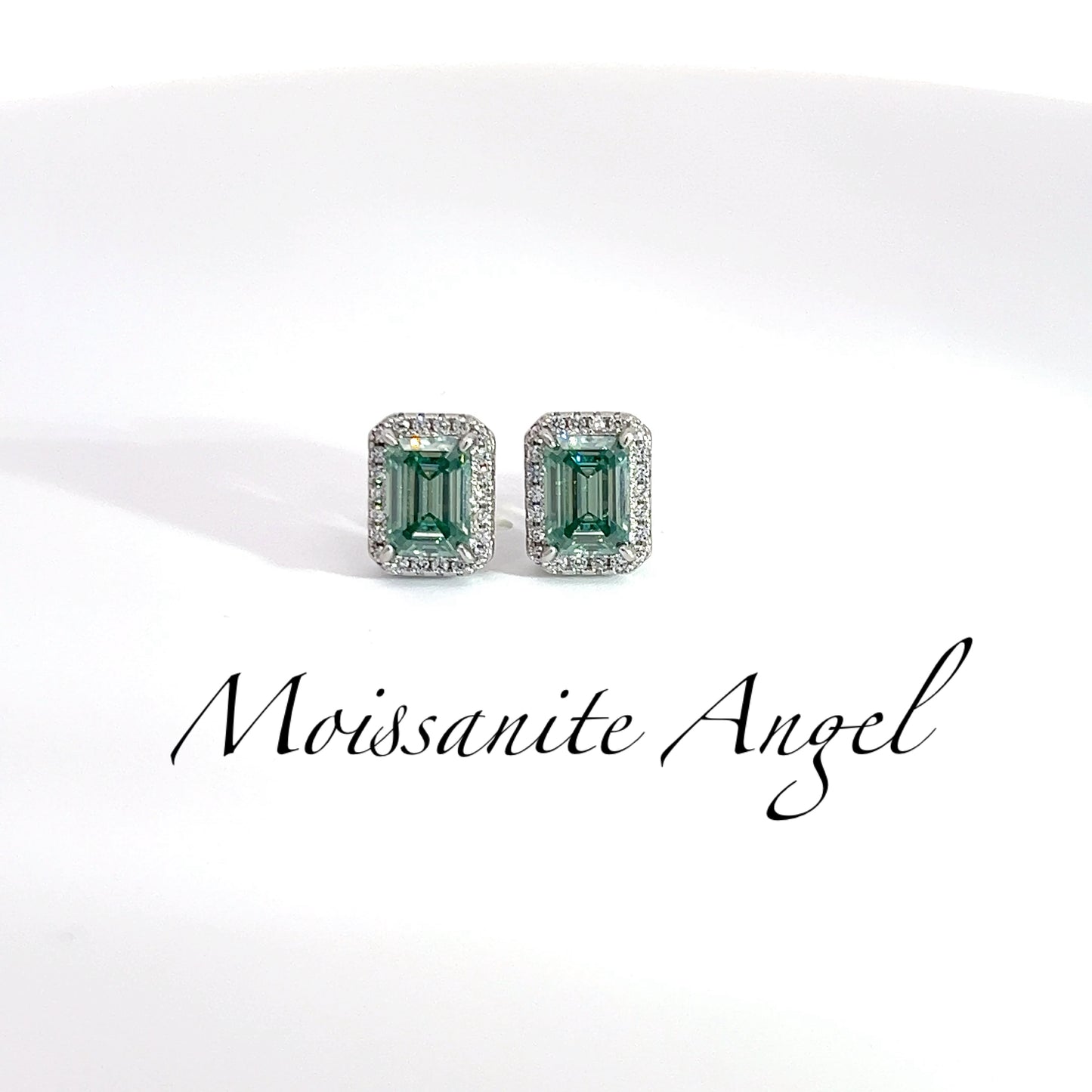 Green halo moissanite Emerald cut stud earrings