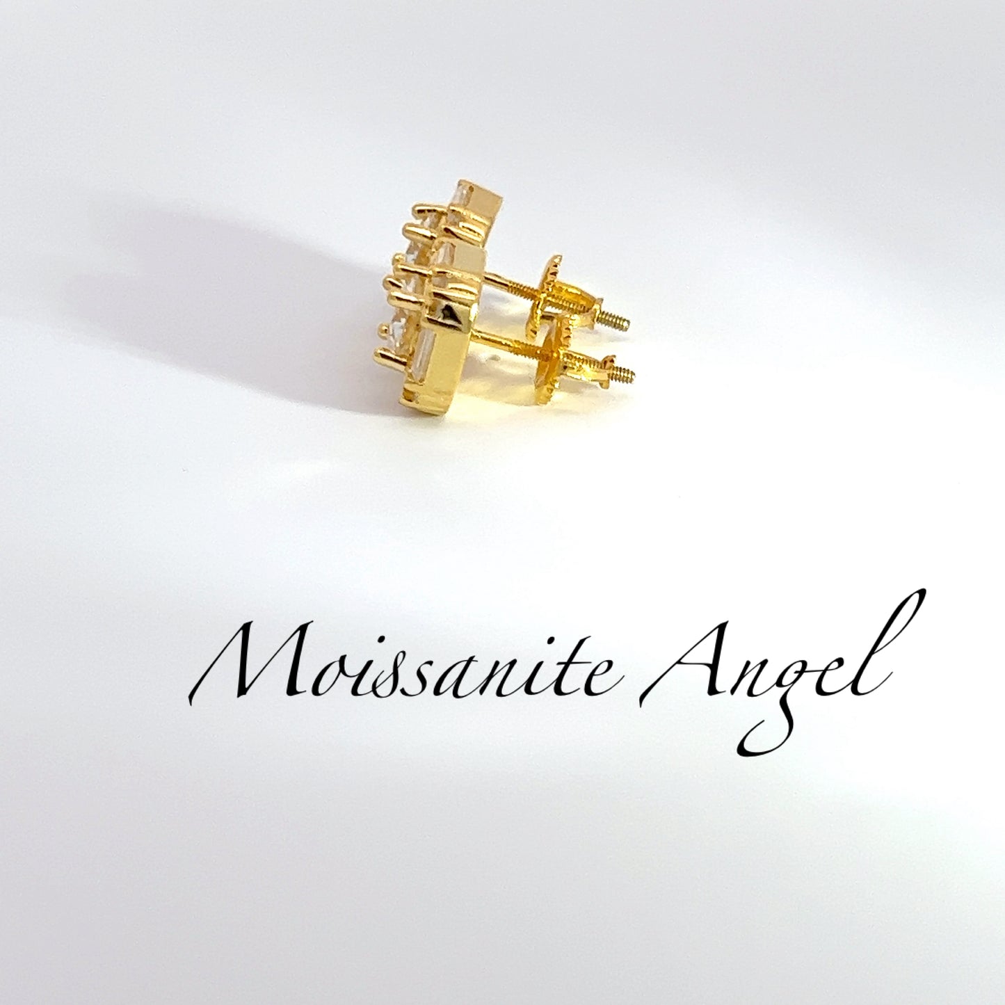 Moissanite earrings 3 Carats each ear Baguette & round stone style studs finished in yellow gold