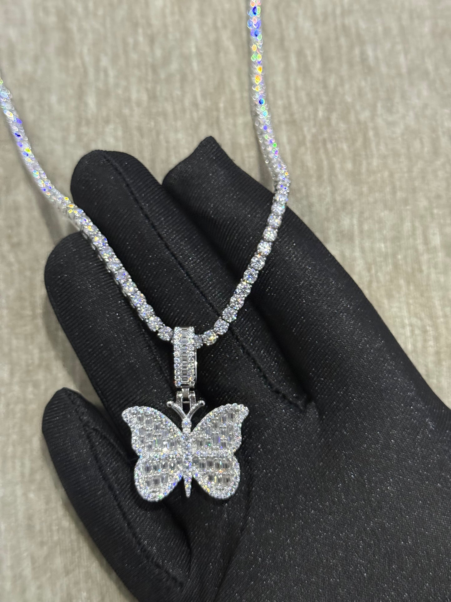 100 % Authentic 16 inch Moissanite tennis chain with Moissanite butterfly  pendant combo 925 silver.