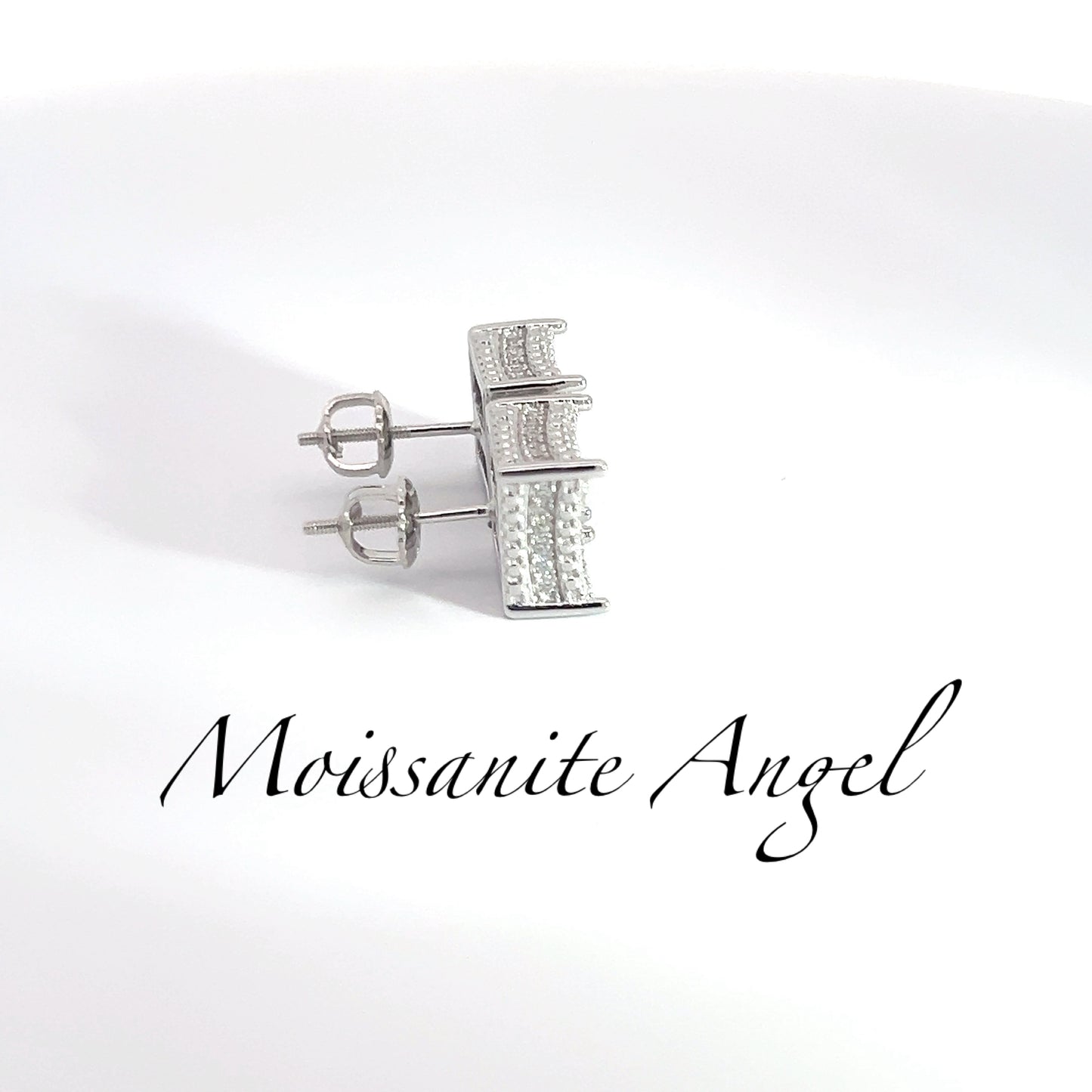 Silver Moissanite earrings square 9mm cluster set style