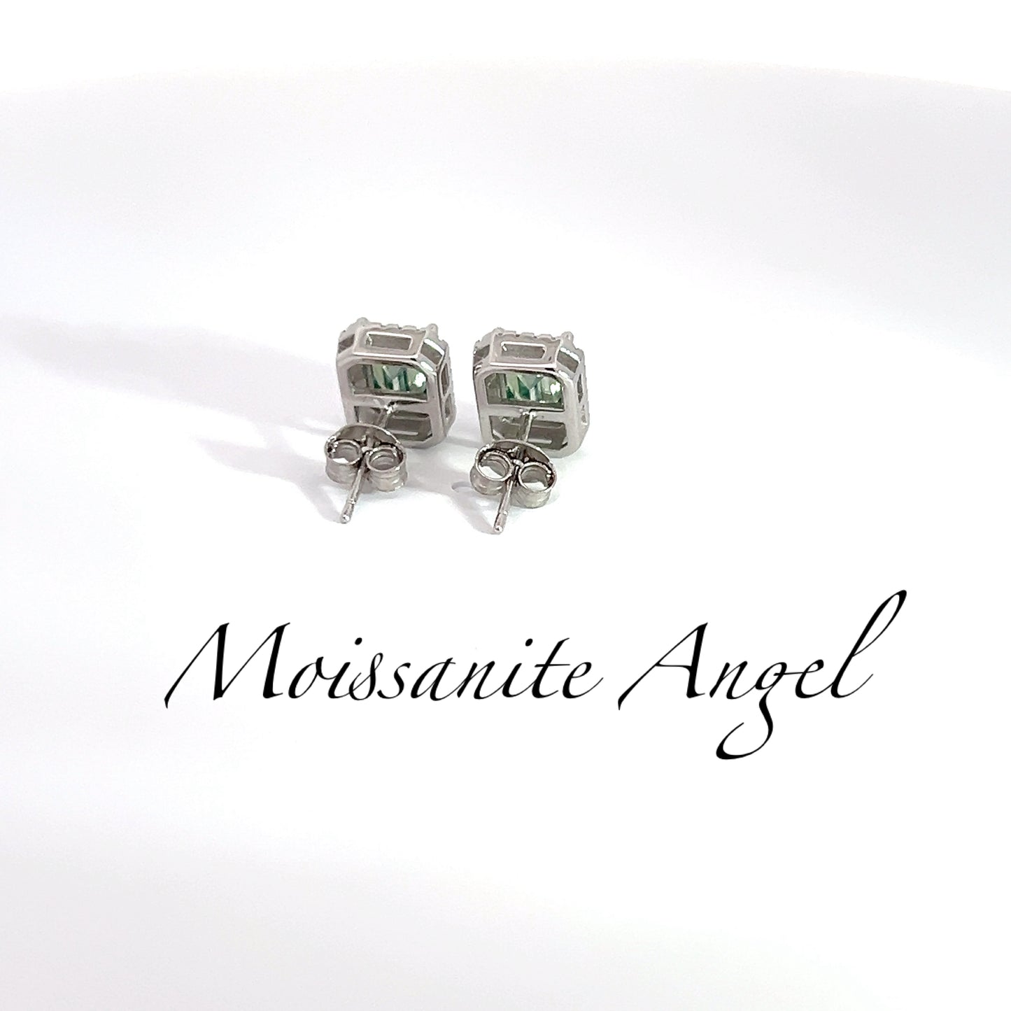 Green halo moissanite Emerald cut stud earrings