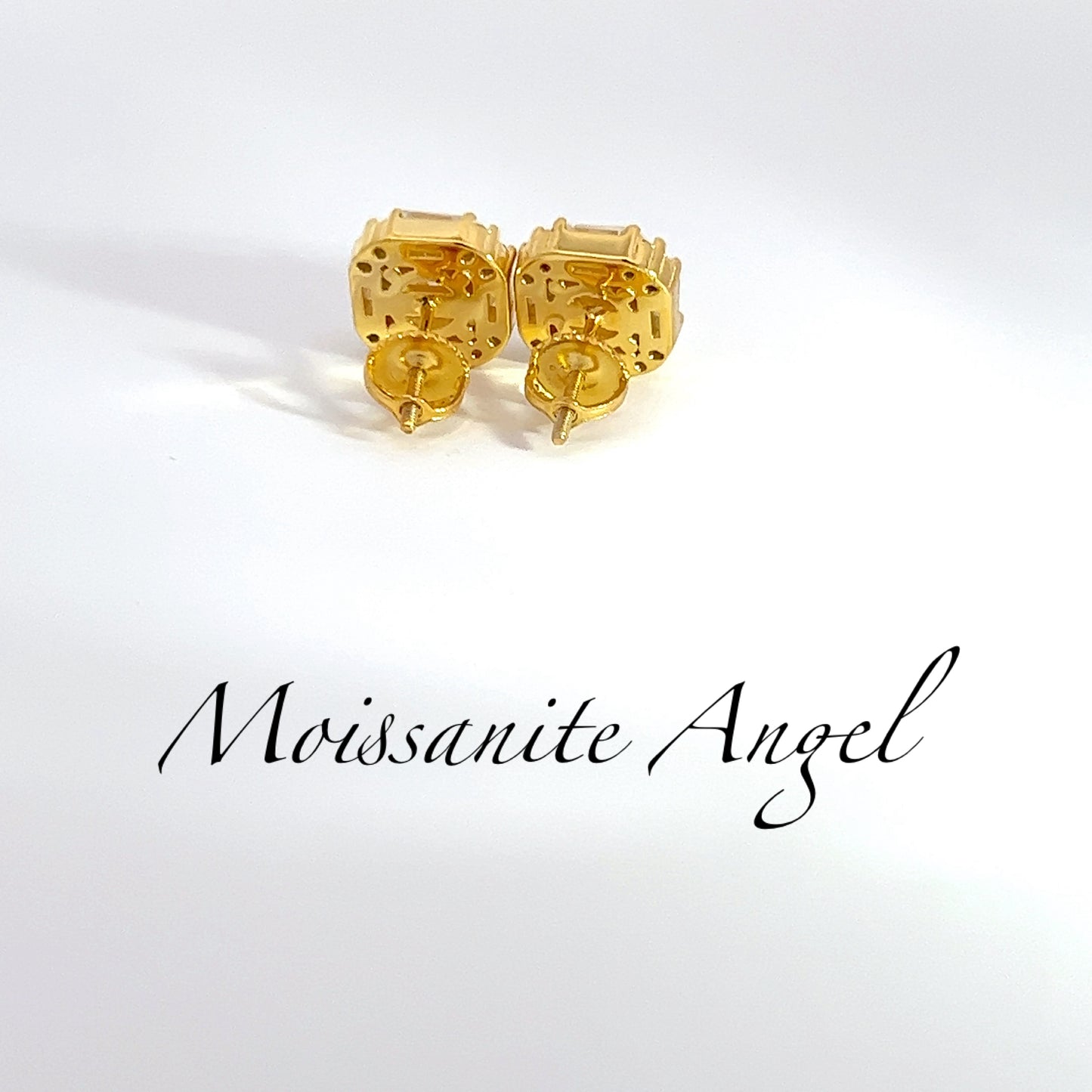 Moissanite earrings 3 Carats each ear Baguette & round stone style studs finished in yellow gold