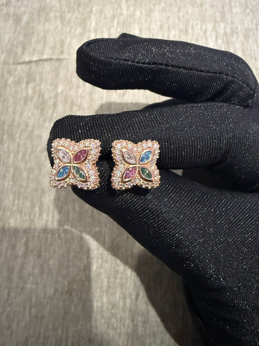 13MM clover style Moissanite earrings 925 silver vermeil rose gold studs multi color.