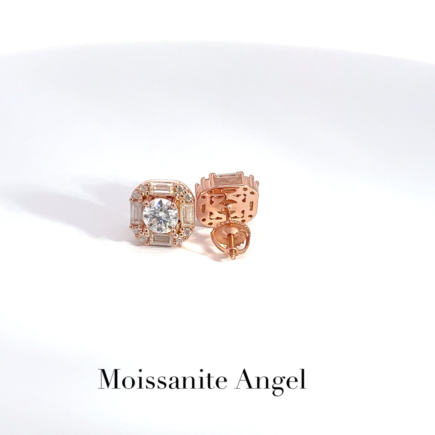 Moissanite earrings 3 Carats each ear Baguette & round stone style studs finished in rose gold