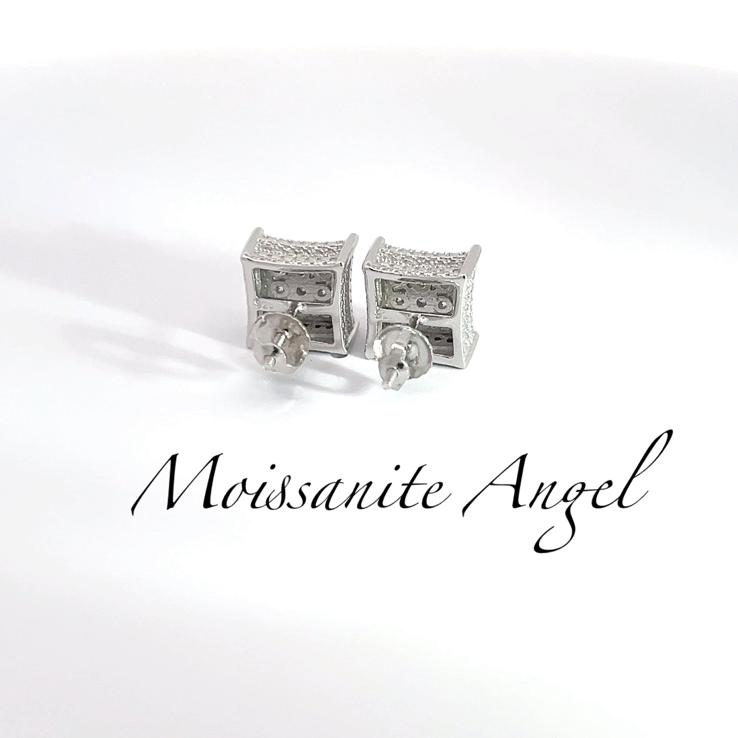 Silver Moissanite earrings square 9mm cluster set style