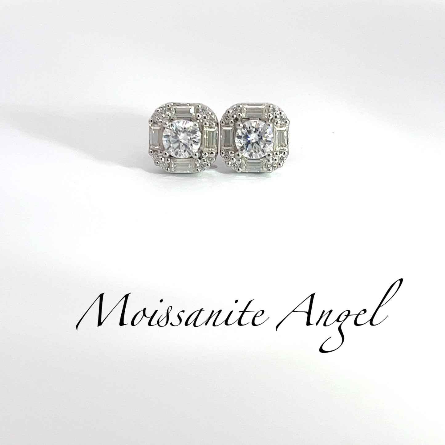 Moissanite earrings 3 Carats each ear Baguette & round stone style studs