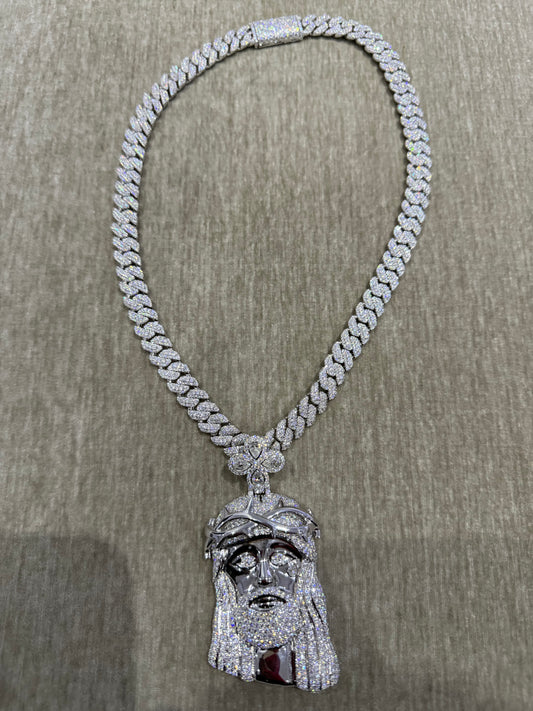 20 inch 10mm Moissanite tight link chain combo with Jesus pendant 925 silver VVS1 top tier quality 100 % Authentic.