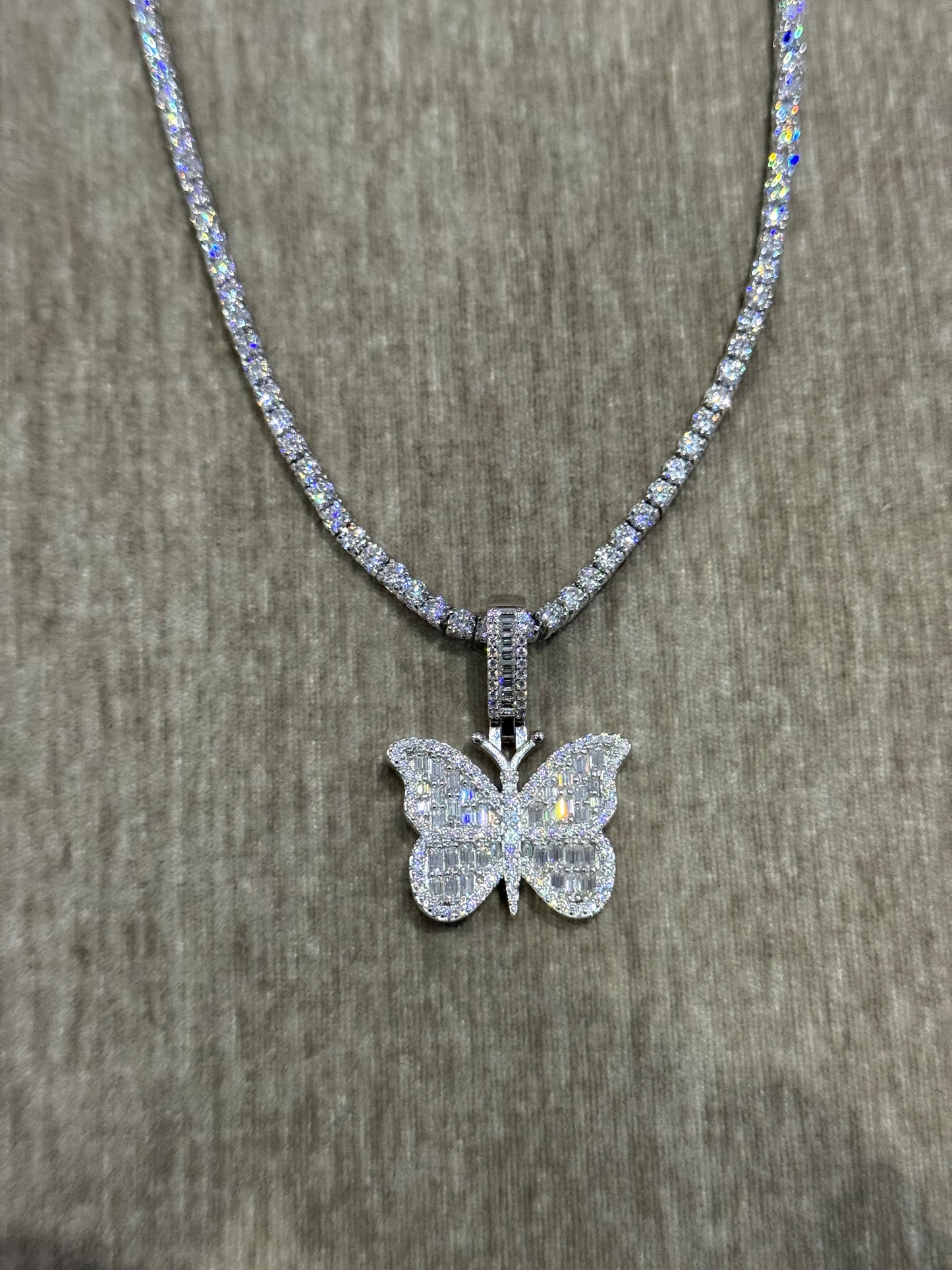 100 % Authentic 16 inch Moissanite tennis chain with Moissanite butterfly  pendant combo 925 silver.