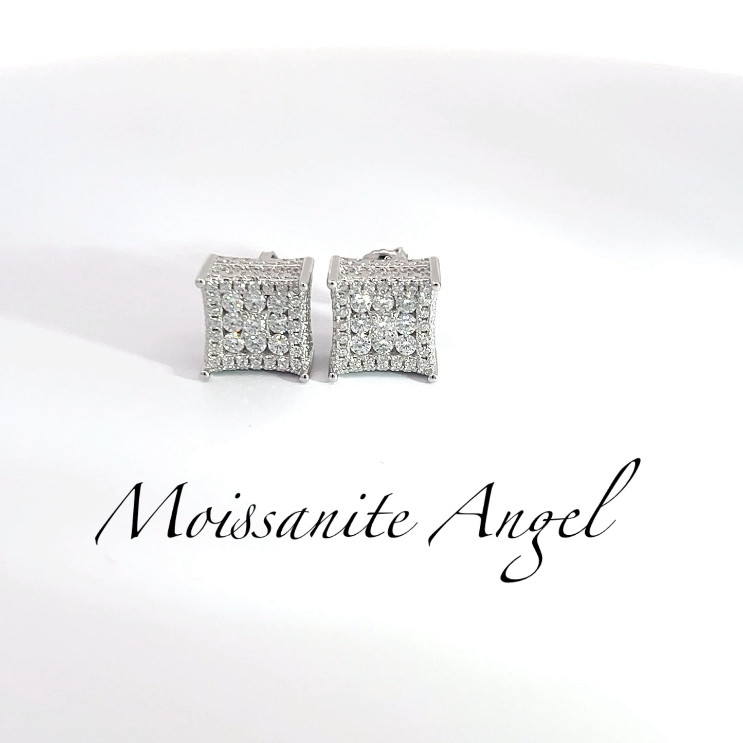 Silver Moissanite earrings square 9mm cluster set style