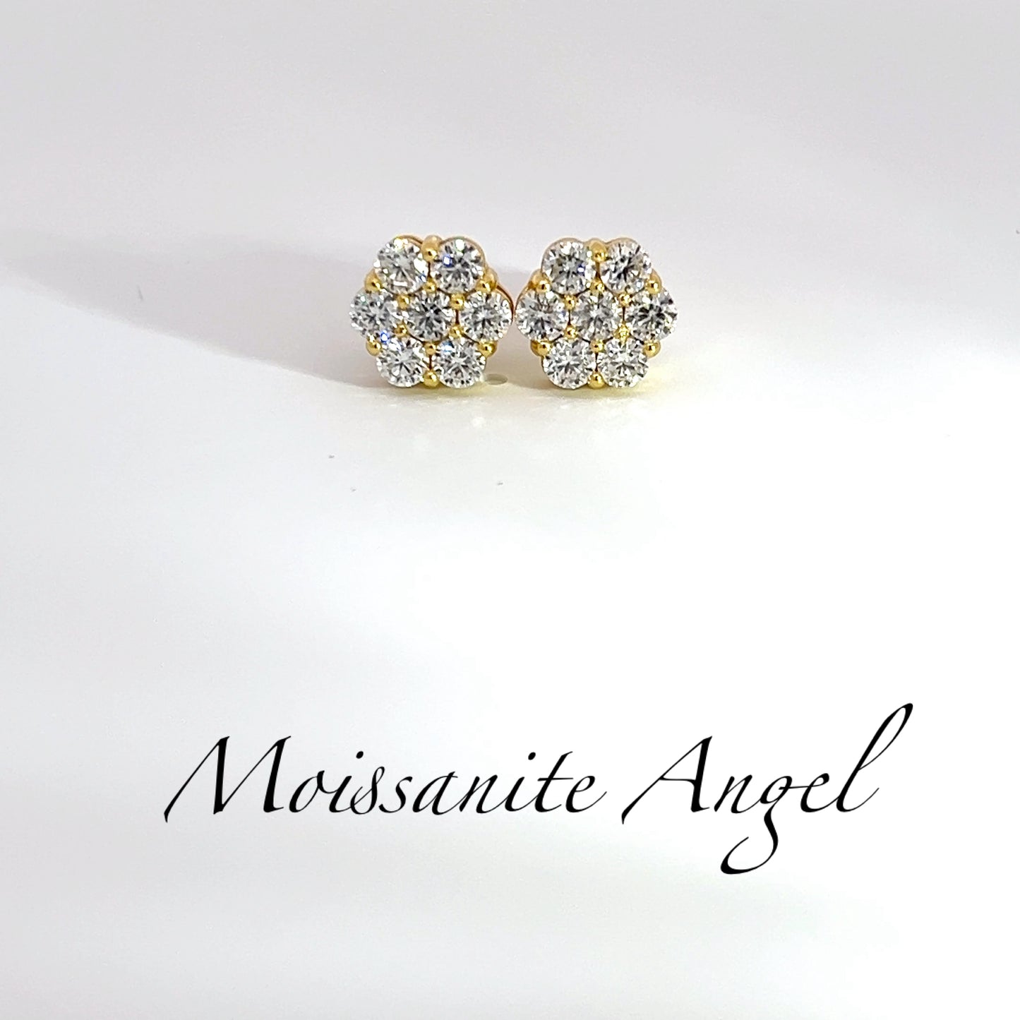 Moissanite Earrings Cluster set studs 2 carat each ear finished in yellow gold