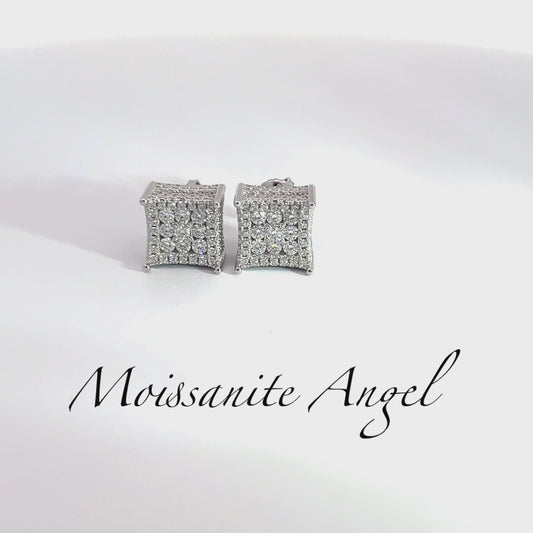 Silver Moissanite earrings square 9mm cluster set style