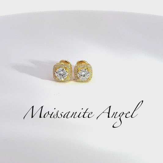 Stunning halo Moissanite stud earrings square brillant cut style 925 silver finished in yellow gold