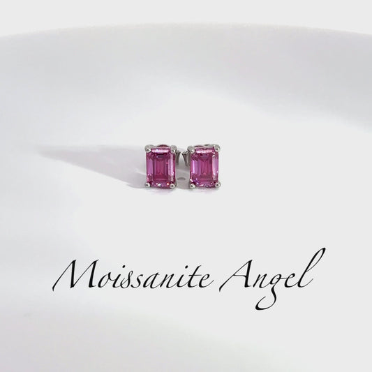 Pink moissanite stud earrings emerald cut 2CTW