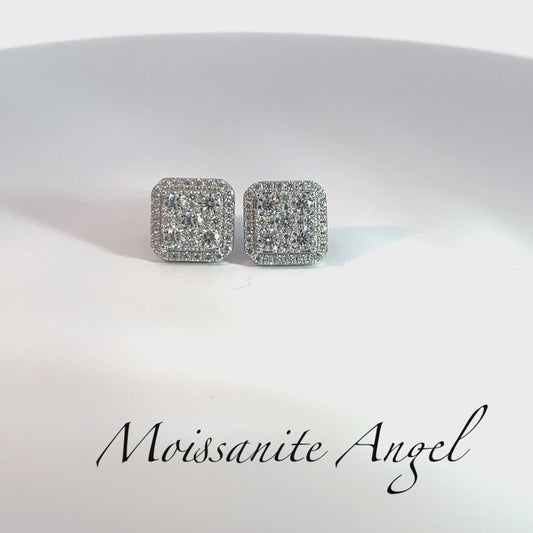 Moissanite earrings big cluster square shape studs