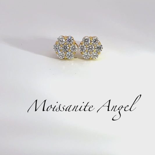 Moissanite Earrings Cluster set studs 2 carat each ear finished in yellow gold