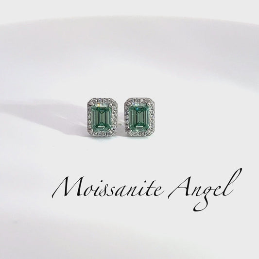 Green halo moissanite Emerald cut stud earrings