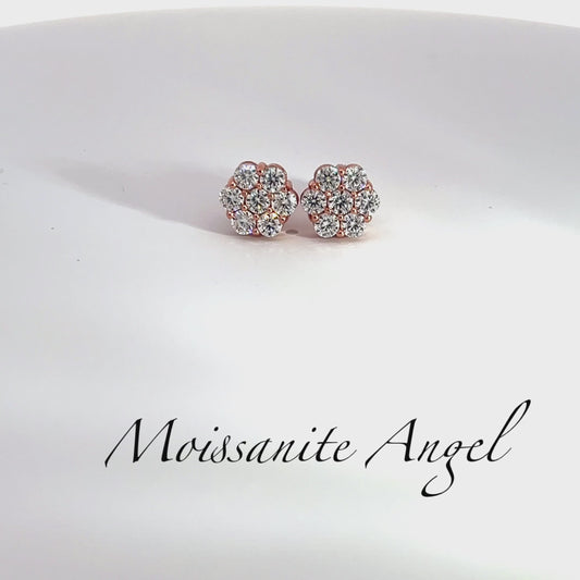 Moissanite Earrings Cluster set studs 2 carat each ear finished in rose gold