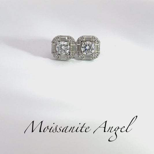 Moissanite earrings 3 Carats each ear Baguette & round stone style studs