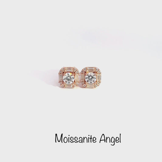 Moissanite earrings 3 Carats each ear Baguette & round stone style studs finished in rose gold