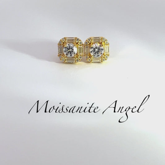 Moissanite earrings 3 Carats each ear Baguette & round stone style studs finished in yellow gold