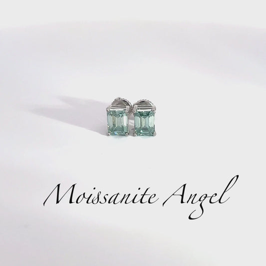 Blue green Emerald Cut Moissanite Stud Earrings